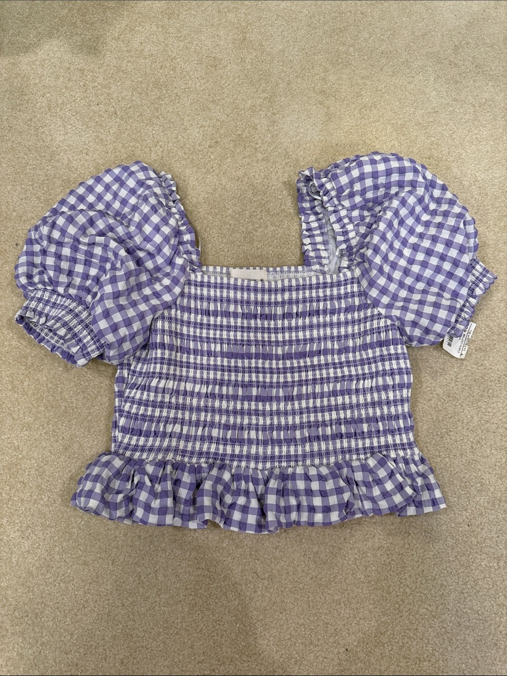 The Impeccable Pig Purple & White Gingham Smocked Crop Top